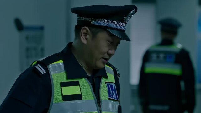 Chinese police officer looking around and thinking
