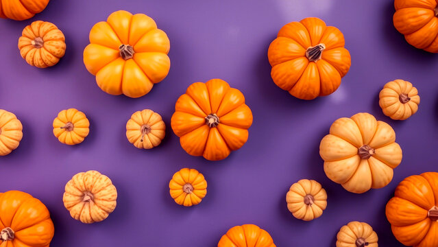 pumpkins on purple background, top view
