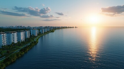 Fototapeta premium A serene sunset over a tranquil waterfront, showcasing modern buildings along the shore, reflecting warm hues on calm water.