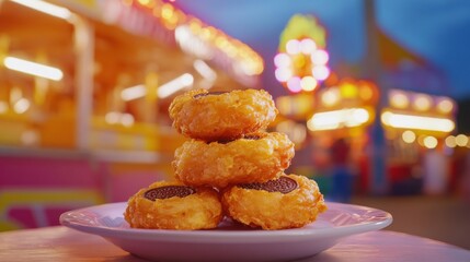Festive scene with Banana Deep Fried Oreos on white plate