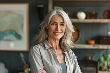 Fototapeta premium Confident mature woman with gray hair smiles, arms crossed, in a stylish home setting.