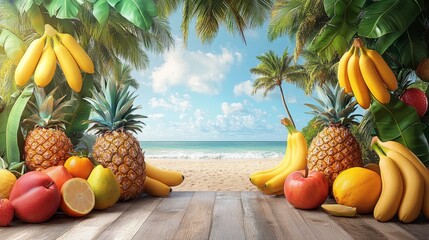 Tropical fruits on beach wood, ocean background, summer vacation