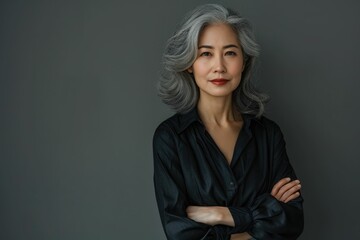 Confident mature woman with gray hair and red lipstick, arms crossed, against a gray background.