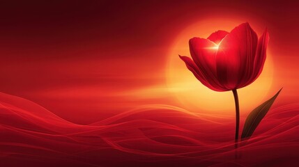 Red tulip sunset landscape, nature serenity, card design