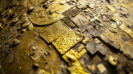 Golden surface adorned with various geometric shapes and figures