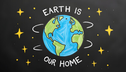 Earth is our home illustrated in colorful chalk on blackboard