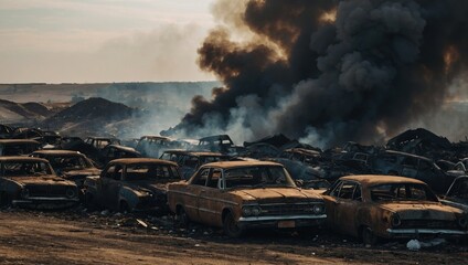 Fototapeta premium Cars damaged in fireLandfill of old rusty cars, landfill fire, black smoke rising