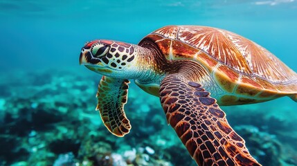 Fototapeta premium A vibrant sea turtle swims gracefully through crystal-clear waters, showcasing its intricate shell and serene movements among coral reefs.