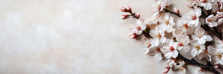 Lush cherry blossoms create an elegant spring design, with a soft pastel pink background and blank space perfect for a copy view or branding, banner