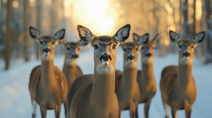 Obraz premium A serene winter scene featuring a group of deer standing in snow, surrounded by trees, with soft sunlight filtering through the forest.