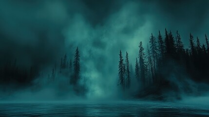 Misty forest lake at night; spooky scene for horror