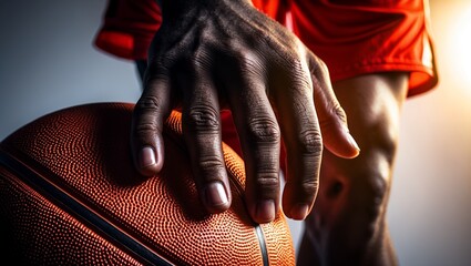 A close-up shot of a basketball player's hand firmly gripping the basketball, illuminated by dramatic lighting. Emphasizes the player's control and readiness for action