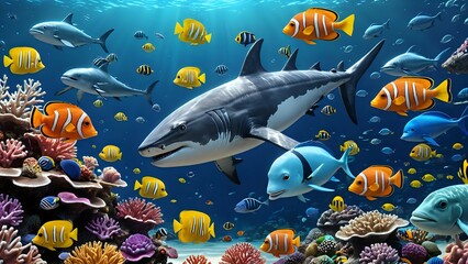 Fototapeta premium Underwater Ocean Scene Sharks, Colorful Fish, Coral Reef