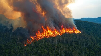 A dramatic wildfire engulfs a forest, sending thick smoke and flames into the sky, highlighting the destructive power of nature.