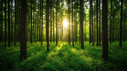 Fototapeta premium A serene forest scene with tall trees bathed in golden sunlight, creating a peaceful atmosphere and vibrant greenery on the forest floor.