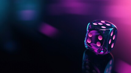   A detailed shot of a purple and black die resting on a dark background, illuminated by pink and blue lights