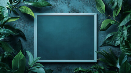 Stylish modern mockup with a white rectangular frame and dark green leafy border