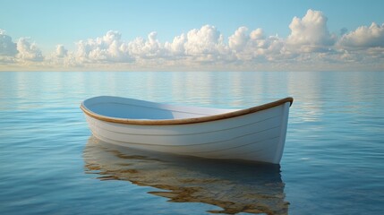Naklejka premium Serene white boat floating on calm blue water under a clear sky with fluffy clouds