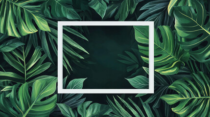 Elegant white frame surrounded by dark green leaves for branding or presentations