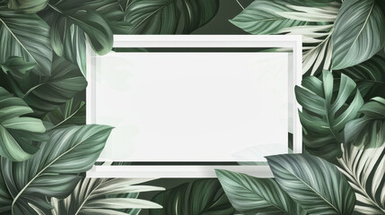 Elegant white frame surrounded by dark green leaves for branding and presentations