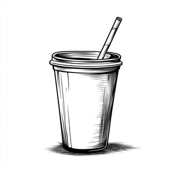 recommend clip art: Hand-drawn sketch of disposable coffee cup with straw