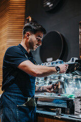 A professional barista in a cafe is skillfully operating the espresso machine to make excellent coffee. The environment is modern, emphasizing quality and expertise in the preparation of beverages.