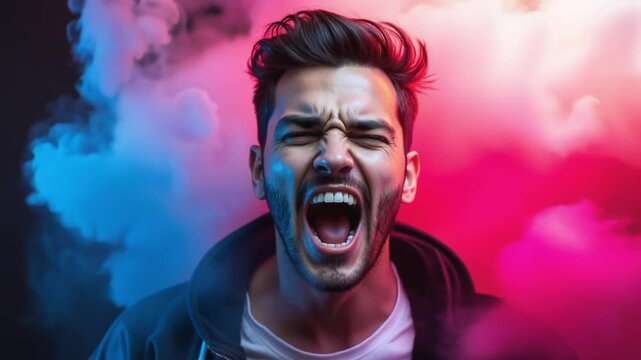 A dramatic portrait of a man expressing intense emotion with colorful smoke and lighting in the background