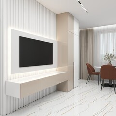 A modern living room with a sleek TV mounted on a textured wall, a dining table with comfortable chairs, and a minimalist design