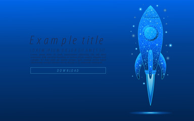 Digital rocket launch entrepreneurship concept. Career concept boosting and taking off. Abstract blue spaceship on technology background