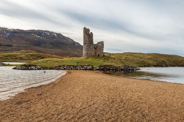 Ruins of Ardvreck Castle near Loch Assynt, north west Highlands, Scotland, Britain