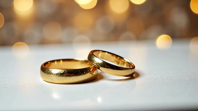 Golden classic wedding on white tabble and bokeh lights romantic background, elegant symbol of love and commitment in warm sunlight, jewelry engagement concept
