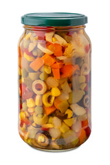 Pickled vegetable mix for seasoning rice and pasta salad in glass jar isolated