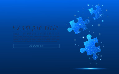 Technology puzzle pieces on dark blue background in futuristic low poly wireframe style. Digital and abstract jigsaw puzzle. Business solution concept.