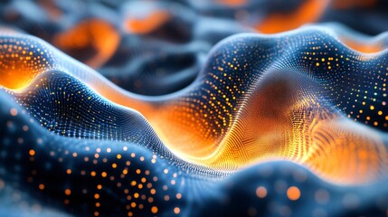 A mesmerizing abstract landscape featuring flowing waves of vibrant colors and glowing particles, evoking a sense of depth and movement.