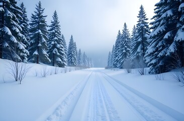 Winter landscape with pines and road.