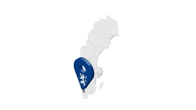 Location Halland County on map Sweden. 3d Halland County  flag map marker location pin. Map of Sweden showing different parts. Sweden. 4K.  Animated Video