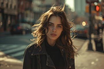 Fototapeta premium A young woman with windblown hair, wearing a black leather jacket, stands on a city street.