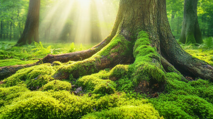Obraz premium Bright green moss covers a fallen tree trunk in a serene forest setting with gentle sunlight