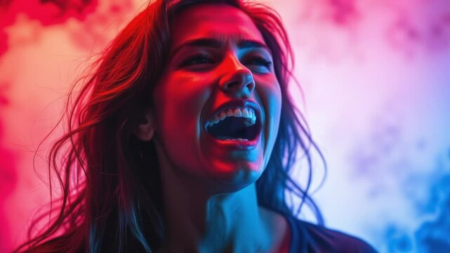 A dramatic portrait of a woman expressing intense emotion with colorful smoke and lighting in the background