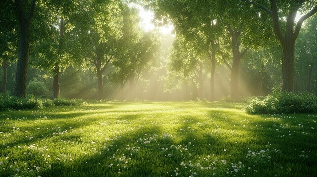 Sunlit forest glade, morning mist, peaceful scene, nature backdrop