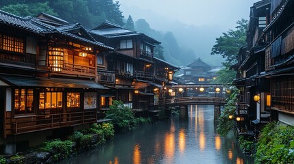 Fototapeta premium A serene riverside village illuminated at night, featuring traditional wooden architecture surrounded by lush greenery and misty mountains.