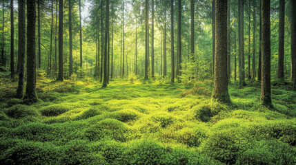 Obraz premium Lush green moss carpets the forest floor under a canopy of trees in serene woodland