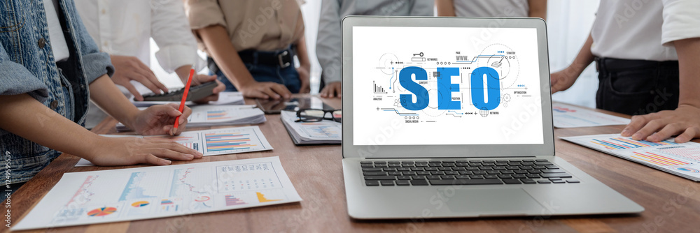 Poster SEO search engine optimization for brisk e-commerce and online retail business showing on computer screen