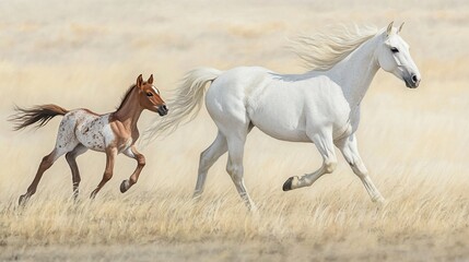 Fototapeta premium Mare, foal, running, prairie, grassland, sunset, family, nature, freedom, poster