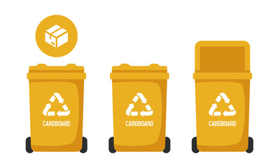 Recycling Bins for cardboard. Container for paperboard. Yellow trash can. Vector illustration isolated on white background.
