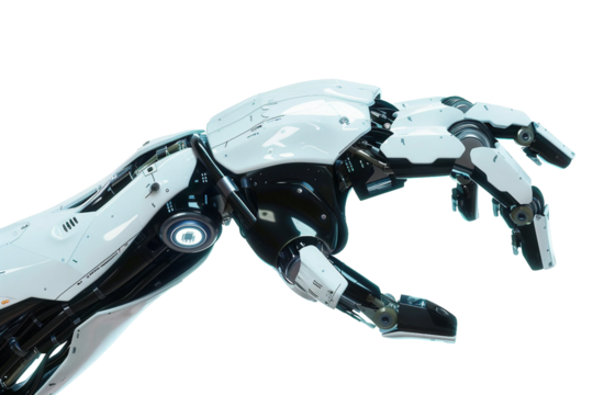 Robotic hand presenting a virtual object in a dynamic pose isolated on transparent background