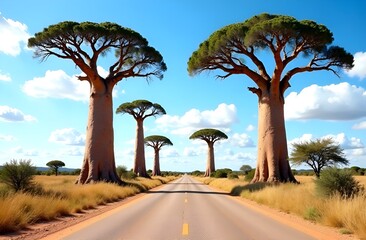 Obraz premium Baobabs along the road in African savanna.