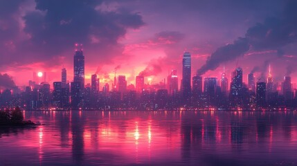 Fototapeta premium A vibrant city skyline at sunset, reflecting colors on a calm water surface.
