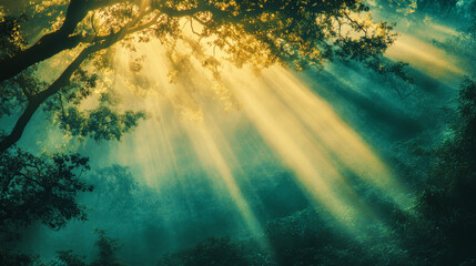 Morning sunlight breaks through mountain mist creating a magical landscape