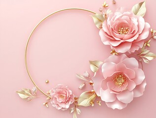 Pink Roses and Gold Leaves with Circular Gold Frame on Soft Pink

